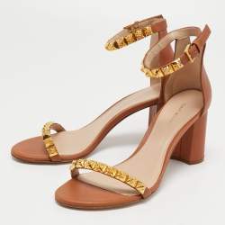 Stuart Weitzman Brown Leather Embellished Ankle Strap Sandals Size 39.5