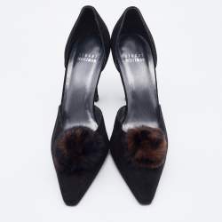 Stuart Weitzman Black Suede Fur Pom Pom D'orsay Pumps Size 37.5