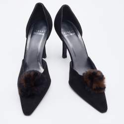 Stuart Weitzman Black Suede Fur Pom Pom D'orsay Pumps Size 37.5
