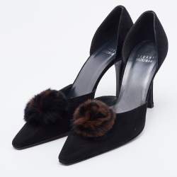 Stuart Weitzman Black Suede Fur Pom Pom D'orsay Pumps Size 37.5