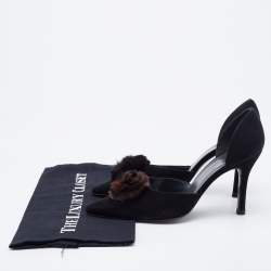 Stuart Weitzman Black Suede Fur Pom Pom D'orsay Pumps Size 37.5