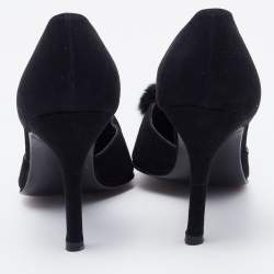 Stuart Weitzman Black Suede Fur Pom Pom D'orsay Pumps Size 37.5