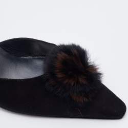 Stuart Weitzman Black Suede Fur Pom Pom D'orsay Pumps Size 37.5