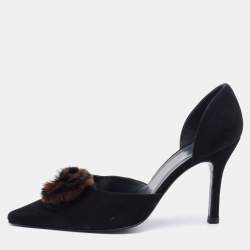 Stuart Weitzman Black Suede Fur Pom Pom D'orsay Pumps Size 37.5
