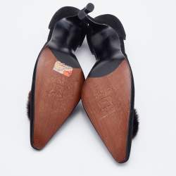 Stuart Weitzman Black Suede Fur Pom Pom D'orsay Pumps Size 37.5