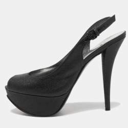 Stuart Weitzman Black Glitter and Leather Peep Toe Slingback Pumps Size 39