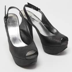 Stuart Weitzman Black Glitter and Leather Peep Toe Slingback Pumps Size 39