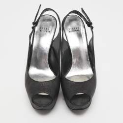 Stuart Weitzman Black Glitter and Leather Peep Toe Slingback Pumps Size 39