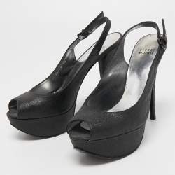 Stuart Weitzman Black Glitter and Leather Peep Toe Slingback Pumps Size 39