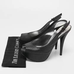 Stuart Weitzman Black Glitter and Leather Peep Toe Slingback Pumps Size 39