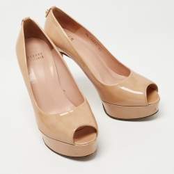 Stuart Weitzman Beige Patent Leather Platform Peep Toe Pumps Size 38 