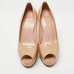 Stuart Weitzman Beige Patent Leather Platform Peep Toe Pumps Size 38 