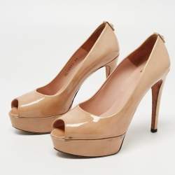 Stuart Weitzman Beige Patent Leather Platform Peep Toe Pumps Size 38 