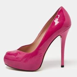 Pre Owned Stuart Weitzman Pink Patent Victoria Peep Toe Platform Pumps Size 38
