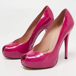 Pre Owned Stuart Weitzman Pink Patent Victoria Peep Toe Platform Pumps Size 38