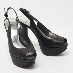 Stuart Weitzman Black Glitter Peep Toe Slingback Platform Pumps Size  38
