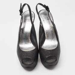 Stuart Weitzman Black Glitter Peep Toe Slingback Platform Pumps Size  38