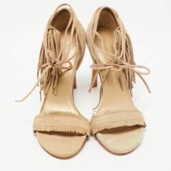 Stuart Weitzman Beige Suede Fringe Ankle Wrap Sandals Size 36