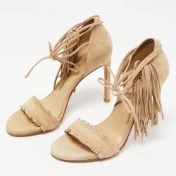 Stuart Weitzman Beige Suede Fringe Ankle Wrap Sandals Size 36