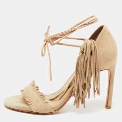 Stuart Weitzman Beige Suede Fringe Ankle Wrap Sandals Size 36
