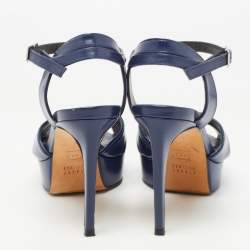 Stuart Weitzman Navy Blue Leather Platform Ankle Strap Sandals Size 36.5