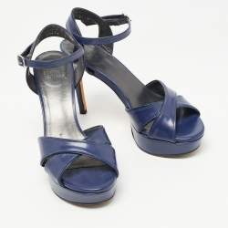 Stuart Weitzman Navy Blue Leather Platform Ankle Strap Sandals Size 36.5