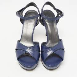 Stuart Weitzman Navy Blue Leather Platform Ankle Strap Sandals Size 36.5