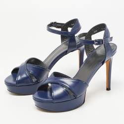 Stuart Weitzman Navy Blue Leather Platform Ankle Strap Sandals Size 36.5