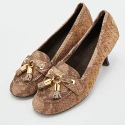 Stuart Weitzman Brown Python Embossed Leather Loafer Pumps Size 38.5