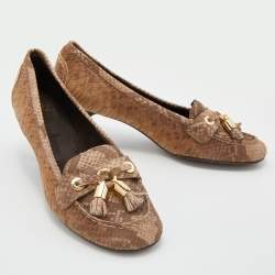 Stuart Weitzman Brown Python Embossed Leather Loafer Pumps Size 38.5