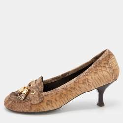 Stuart Weitzman Brown Python Embossed Leather Loafer Pumps Size 38.5