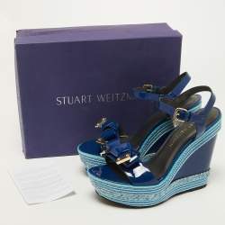 Stuart Weitzman Blue Patent Leather Ankle Strap Wedge Sandals Size 39