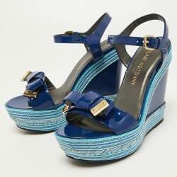 Stuart Weitzman Blue Patent Leather Ankle Strap Wedge Sandals Size 39