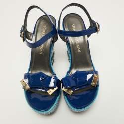 Stuart Weitzman Blue Patent Leather Ankle Strap Wedge Sandals Size 39