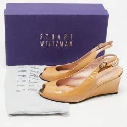 Stuart Weitzman Beige Leather Peep Toe Slingback Wedge Pumps Size 37