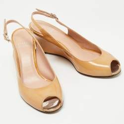 Stuart Weitzman Beige Leather Peep Toe Slingback Wedge Pumps Size 37