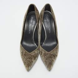 Pre Owned Stuart Weitzman Olive Green Textured Velvet Block Heel Pumps Size 37