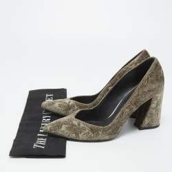 Pre Owned Stuart Weitzman Olive Green Textured Velvet Block Heel Pumps Size 37