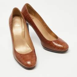 Stuart Weitzman Brown Croc Embossed Leather Platform Pumps Size 38.5