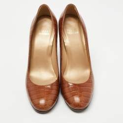 Stuart Weitzman Brown Croc Embossed Leather Platform Pumps Size 38.5