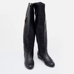 Pre Owned Stuart Weitzman Black Leather Knee Length Boots Size 34.5