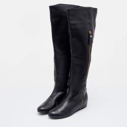 Pre Owned Stuart Weitzman Black Leather Knee Length Boots Size 34.5
