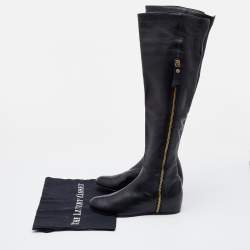 Pre Owned Stuart Weitzman Black Leather Knee Length Boots Size 34.5