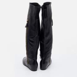 Pre Owned Stuart Weitzman Black Leather Knee Length Boots Size 34.5