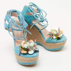 Stuart Weitzman Blue Suede Lace Up Wedge Sandals Size 36