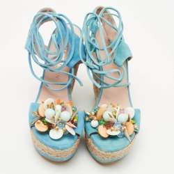 Stuart Weitzman Blue Suede Lace Up Wedge Sandals Size 36