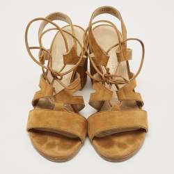 مملوكة مسبقًا Stuart Weitzman Tan Suede Lace Up Block Heel Sandals Size 38