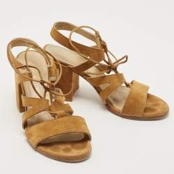 مملوكة مسبقًا Stuart Weitzman Tan Suede Lace Up Block Heel Sandals Size 38