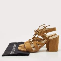 مملوكة مسبقًا Stuart Weitzman Tan Suede Lace Up Block Heel Sandals Size 38
