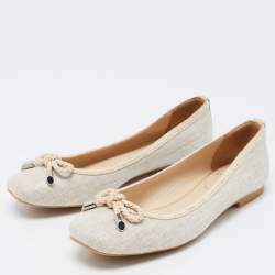 Stuart Weitzman Beige Canvas and Leather Trimmed Bow Detail Ballet Flats Size 36.5